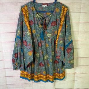 Naudic Azure floral Bohemian Style 100% Cotton Tase Tie Neckline Tunic Large